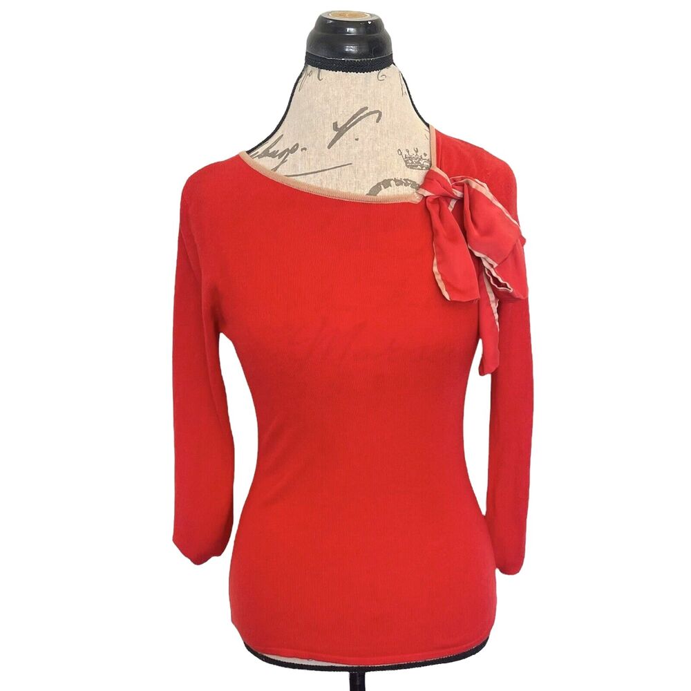 New York Company Womens Sweater Size Small Knit Red Bow Preppy Rockabilly Retro